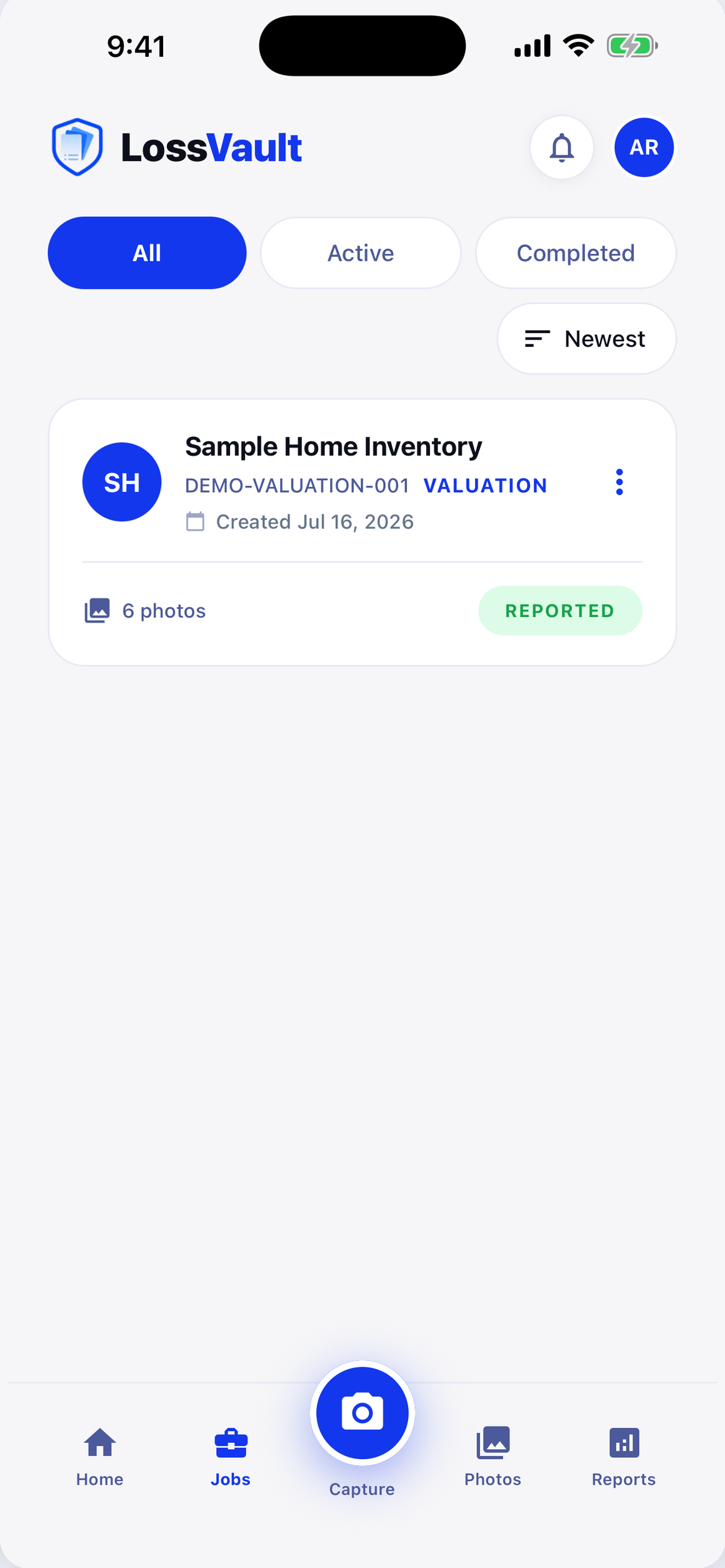 LossVault on iPhone showing a sample inventory job and its documentation status